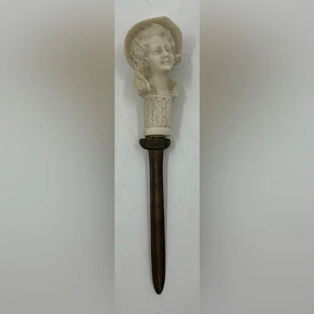 Vintage Letter Opener Victorian Woman Carved White Head w/ Bronze or Brass Blade